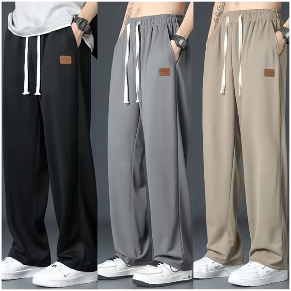 2025 New Fashion Street Summer Men's Casual Outdoor Thin Simple Loose Sportswear Ice Silk Belt Side Pocket Straight Trousers