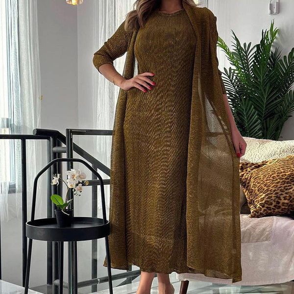 Womens Dresses Fashion 2024 Pleated Clothing Womens 2 Piece Outfit Two Piece Sets Metallic Fabrics Casual Long Dresses
